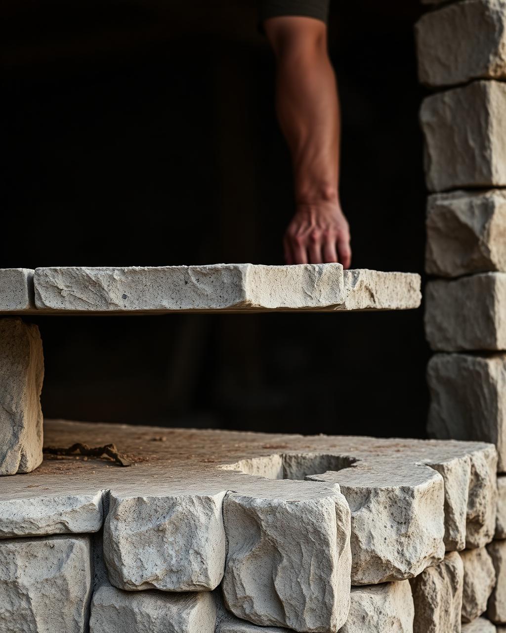 Stonemason placing slab on outdoor kitchen build